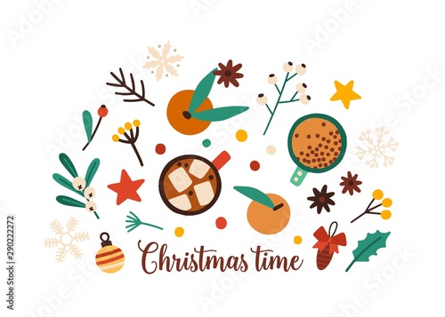 Christmas time festive decorations flat vector set. Winter stickers isolated ...
