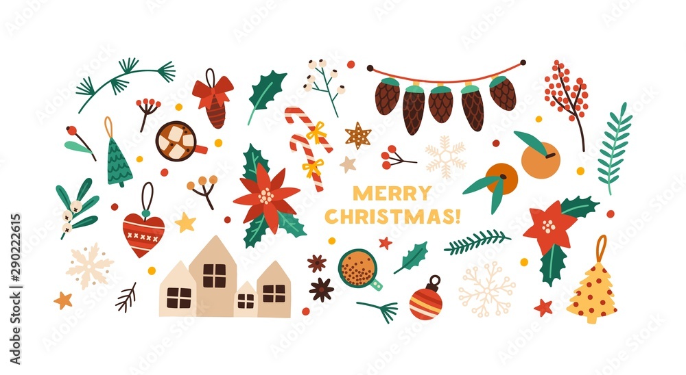 Christmas festive flat vector decorations set. Winter season stickers isolated on white background. New Year and Xmas traditional decor bundle. Fir tree baubles, gingerbread cookies design elements. - obrazy, fototapety, plakaty 