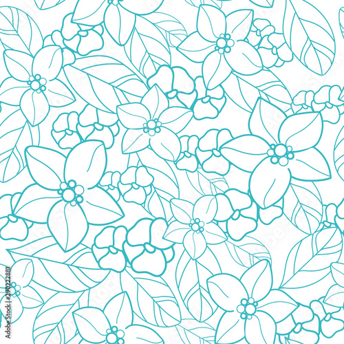 Vector orange blossom seamless pattern with turquoise flowers, leaves, orange slices, white background. Perfect for fabric, scrapbooking, wallpaper projects.