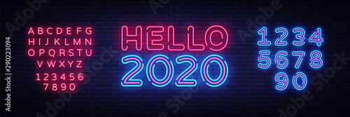 2020 Hello Neon sign Vector. Happy New Year neon poster, design template, modern trend design, night signboard, night bright advertising, light banner, light art. Vector. Editing text neon sign