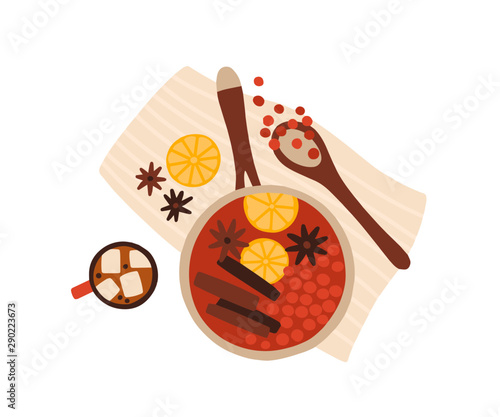 Mulled wine cooking top view vector illustration