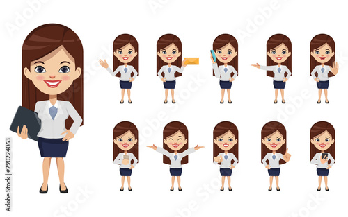 Set of businesswoman creation character pose with occupation job in uniform suit. Chibi cartoon business people style.