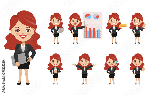 Set of businesswoman creation character pose with occupation job in uniform suit. Chibi cartoon business people style.