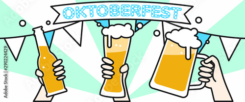 Oktoberfest concept, hands holding beer up, outline cartoon