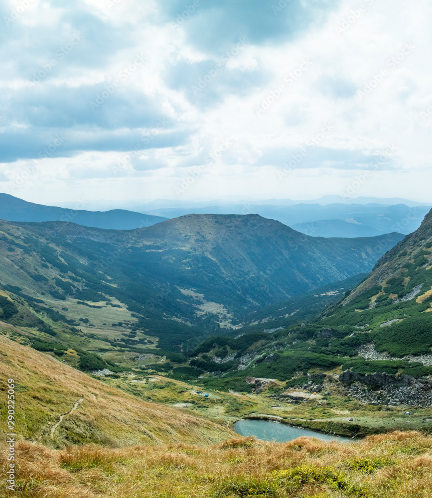 Old and beautiful Carpathian mountains.     Lake Brebeneskul