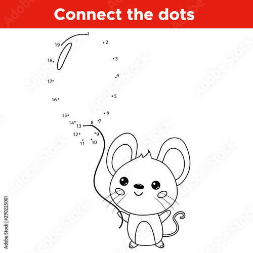 Educational connect number dot to dot game. Kawaii mouse with balloon. Coloring page for kids. Vector illustration.