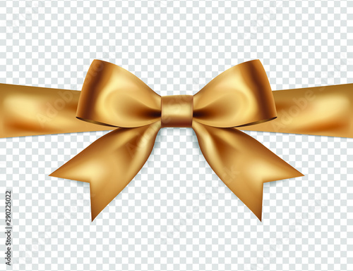 Beautiful golden bow isolated on transparent background, satin bow for gift, surprise, christmas present, birthday. 3D. Vector EPS10
