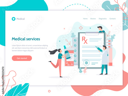 Medical service concept. Male doctor writes prescription. Web banner design template. Flat vector illustration.