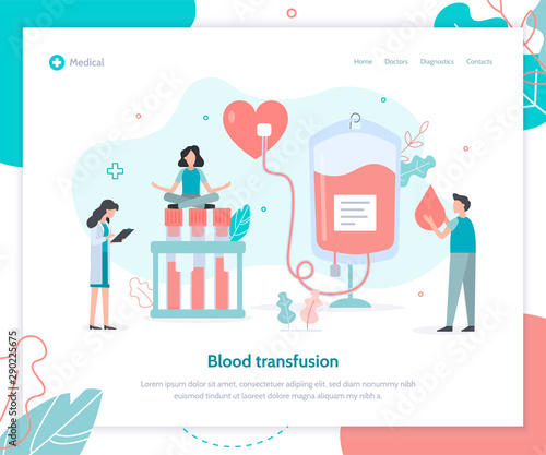 Blood transfusion concept. Landing design template for clinic or hospital. Flat vector illustration.