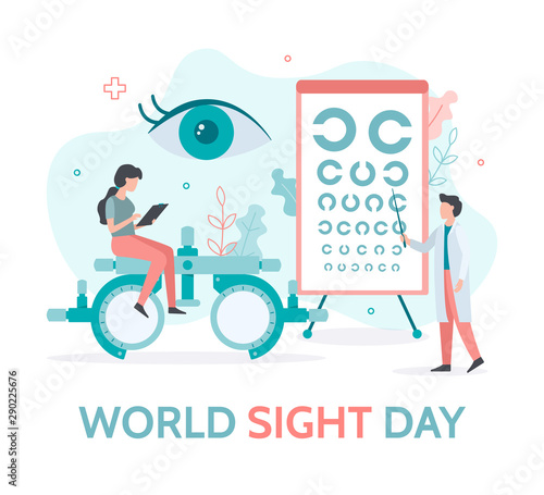 World sight day banner. A team of ophthalmologists checks the vision. Flat vector illustration.