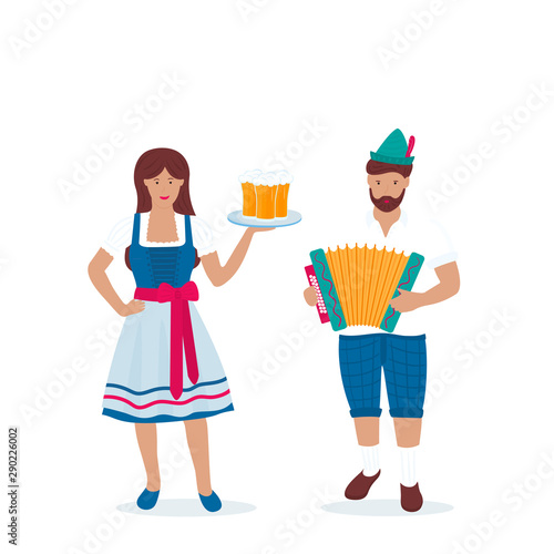 Man and woman in traditional German costumes celebrate Oktoberfest. Lederhosen and Dirndl. A guy in a green hat with a feather plays the accordion.