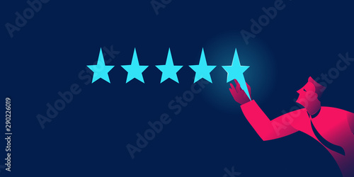 Best rating, five stars points, success concept in red and blue neon gradients