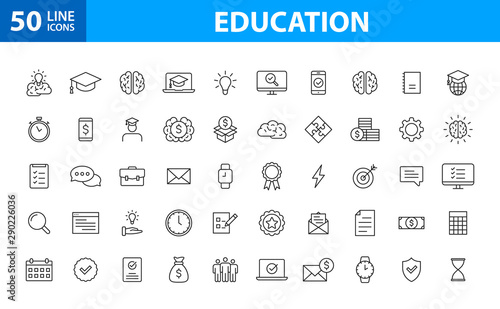 Set of 50 Education and Learning web icons in line style. School, university, textbook, learning. Vector illustration.