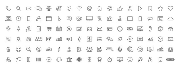 Big set of 100 Business and Finance web icons in line style. Money, bank, contact, office, payment, strategy, accounting, infographic. Icon collection. Vector illustration.