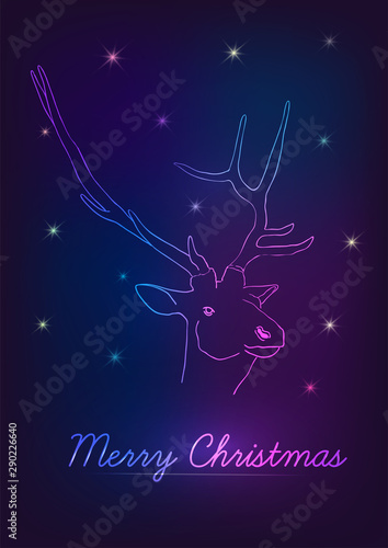 Merry Christmas greeting with deer on galaxy background. Winter neon illustration with magical night sky and text design. Vector card, poster.