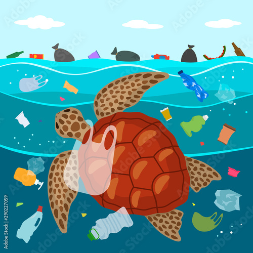 Ecological disaster of plastic garbage in the ocean. A large turtle swims in waste and plastic bags and eats plastic garbage