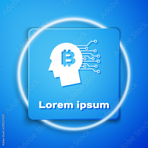 White Bitcoin think icon isolated on blue background. Cryptocurrency head. Blockchain technology, bitcoin, digital money market, cryptocoin wallet. Blue square button. Vector Illustration