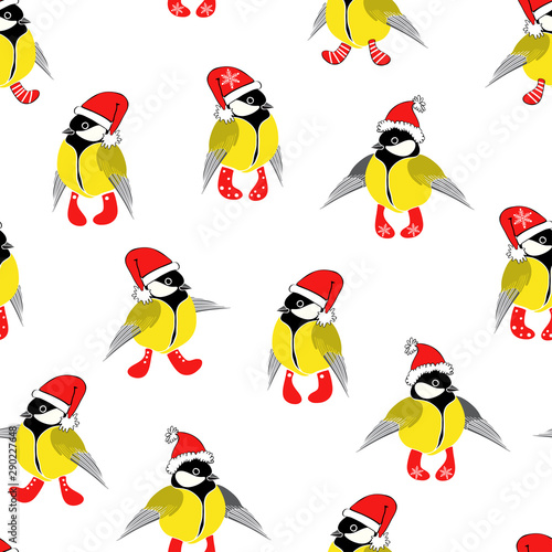 Seamless pattern with cartoon tits on a white background. Winter children background.