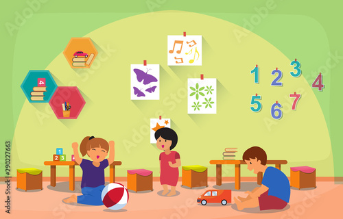Kids Play Toys Kindergarten Classroom Interior Children School Furniture Vector Illustration