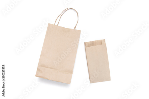 Packaging bags for shopping or recycled paper food on a white isolated background.