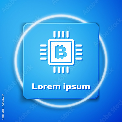 White CPU mining farm icon isolated on blue background. Bitcoin sign inside microchip. Cryptocurrency mining community. Digital money. Blue square button. Vector Illustration