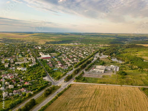 Aerial View of suburban Houses in sunset