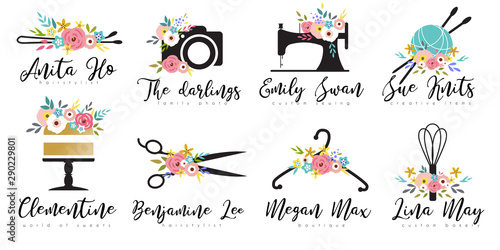 Premade floral logo with sewing machine, photo camera, scissors, cake, crochet yarn. Branding set for handmade clothes, instagram boutique, custom bakery, family photographers, hairstylist photo