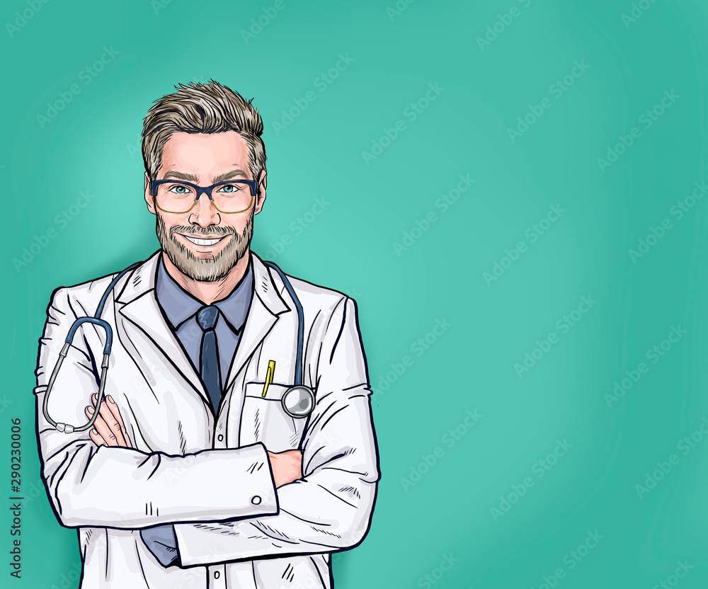 Smiling doctor with stethoscope posing with arms crossed. Medical professional confident and happy with a big natural smile laughing isolated over blue background - obrazy, fototapety, plakaty 