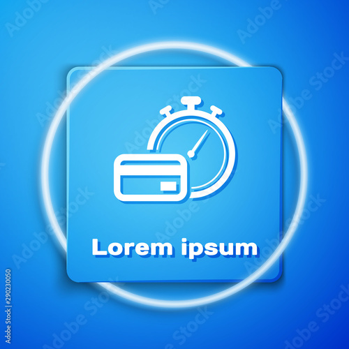 White Fast payments icon isolated on blue background. Fast money transfer payment. Financial services, fast loan, time is money, cash back concept. Blue square button. Vector Illustration