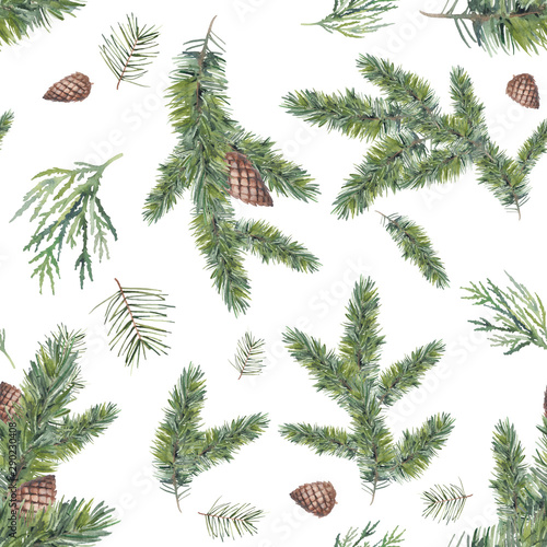 Watercolor Christmas tree branches seamless pattern. Evergreen repeating texture. Winter wallpaper