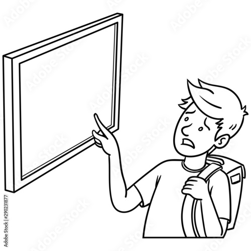 Schoolboy with a schoolbag on her back, pointing with worried expression on a tafe. empty space for text. illustration, monochrome, comic, school.