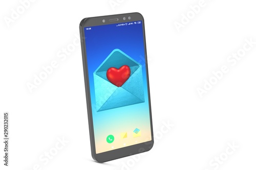 3d illustration:  New valentine message in mail program on mobile phone screen. Red heart symbol in open blue envelope. Isolated on white background. 