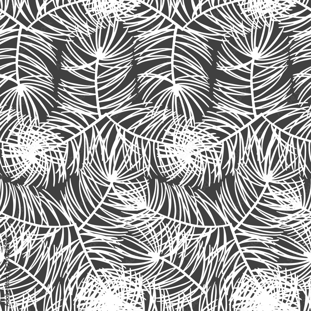 Pine branches. Hand drawn vector seamless pattern on black background.