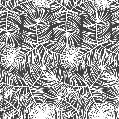 Pine branches. Hand drawn vector seamless pattern on black background.