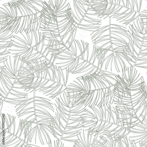 Pine branches. Hand drawn vector seamless pattern on white background.