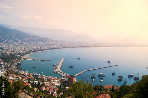 View of the Mediterranean sea from the old town on the mountain in Alanya. Holidays in Turkey, sightseeing