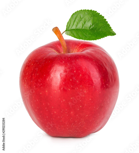Red apple with green leaf isolated on a white background.
