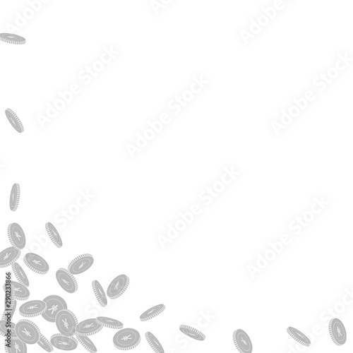 Chinese yuan coins falling. Scattered black and wh