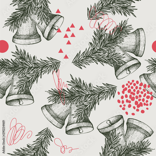 Seamless pattern with Christmas bells. Hand drawn illustration