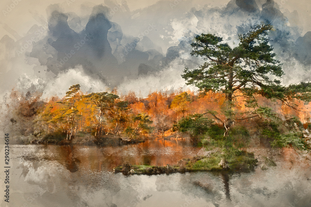 Digital watercolor painting of Beautiful landscape image of Tarn Hows in Lake District - obrazy, fototapety, plakaty 
