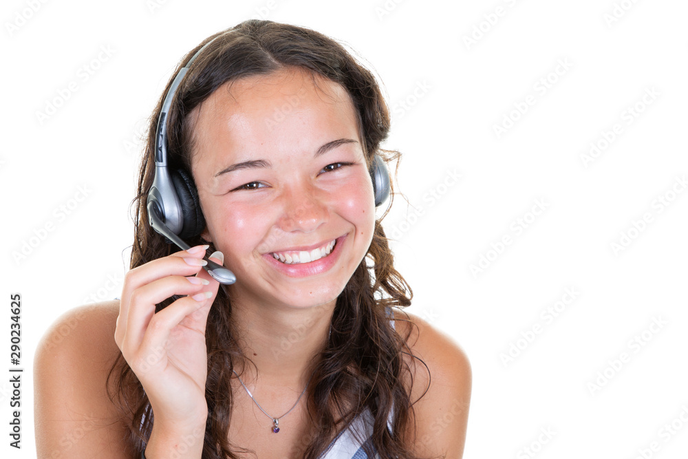 Call center young pretty woman support phone operator in headset smile happy Call center young pretty woman support phone operator in headset smile happy