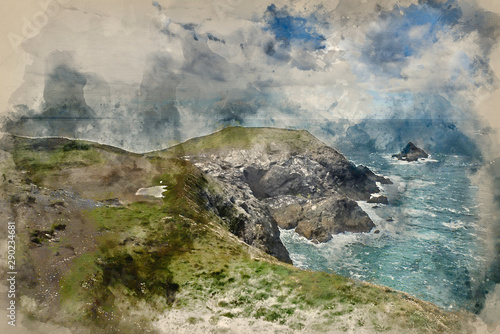 Digital watercolor painting of Vibrant Summer landscape image of Trevose head in Cornwall England