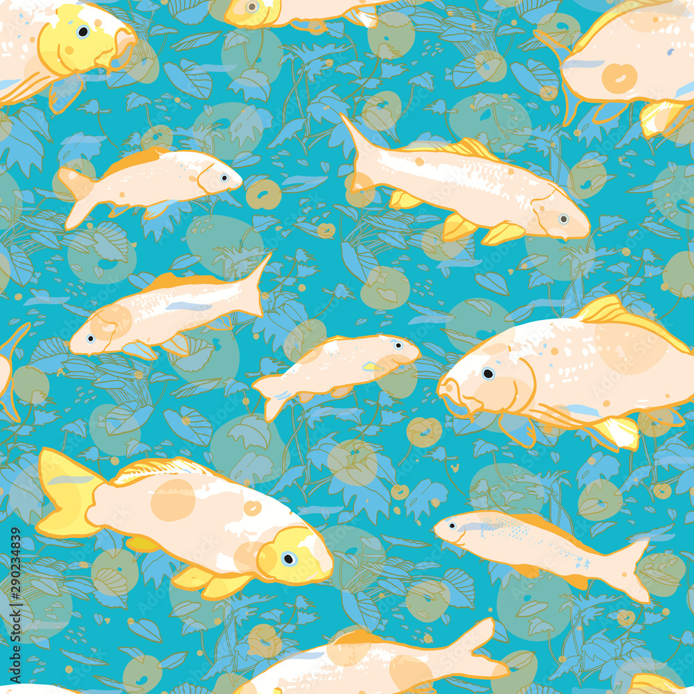 Wavy sealife goldfish koi seamless pattern. With waterplant, wave and fish in tones of blue and green. Modern, graphic, simple style. Perfect for restaurant menue, packaging design, aqua and sea