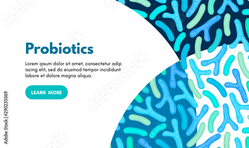Vector background with probiotics. Bifidobacterium, lactobacillus. Lactic acid bacterium. Microbiome. Medicine or dietary supplement. Landing page, banner, mailing, advertising, label, presentation