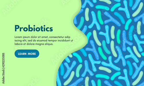 Vector background with probiotics. Bifidobacterium, lactobacillus. Lactic acid bacterium. Microbiome. Medicine or dietary supplement. Landing page, banner, mailing, advertising, label, presentation