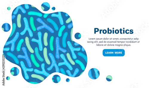 Vector background with probiotics. Bifidobacterium, lactobacillus. Lactic acid bacterium. Microbiome. Medicine or dietary supplement. Landing page, banner, mailing, advertising, label, presentation
