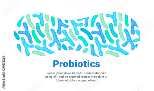 Vector background with probiotics. Bifidobacterium, lactobacillus. Lactic acid bacterium. Microbiome. Medicine or dietary supplement. Landing page, banner, mailing, advertising, label, presentation
