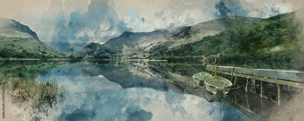 Digital watercolor painting of Panorama landscape rowing boats on lake with jetty against mountain background
