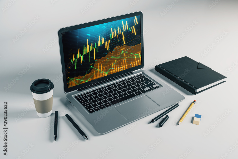 Laptop closeup with forex graph on computer screen. Financial trading and education concept. 3d rendering. Laptop closeup with forex graph on computer screen. Financial trading and education concept. 3d rendering.