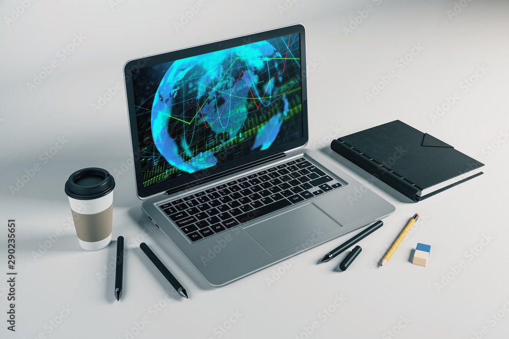 Laptop closeup with forex graph and world map on computer screen. Financial trading and education concept. 3d rendering. Laptop closeup with forex graph and world map on computer screen. Financial trading and education concept. 3d rendering.